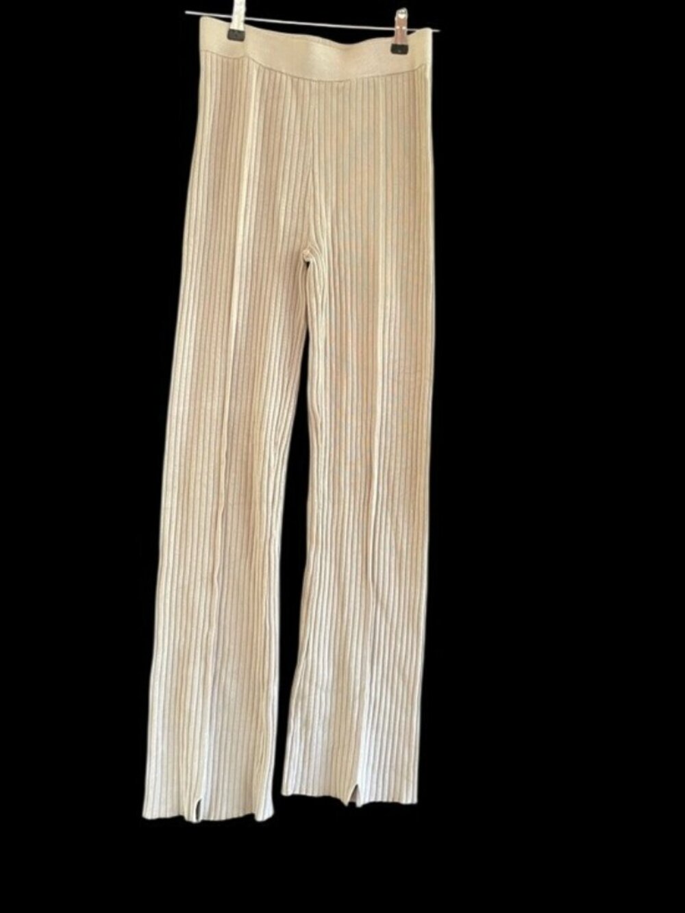 Nanushka Ribbed Knit Flare Pants Beige Slit Hem Lounge Pants (Size XS estimated)